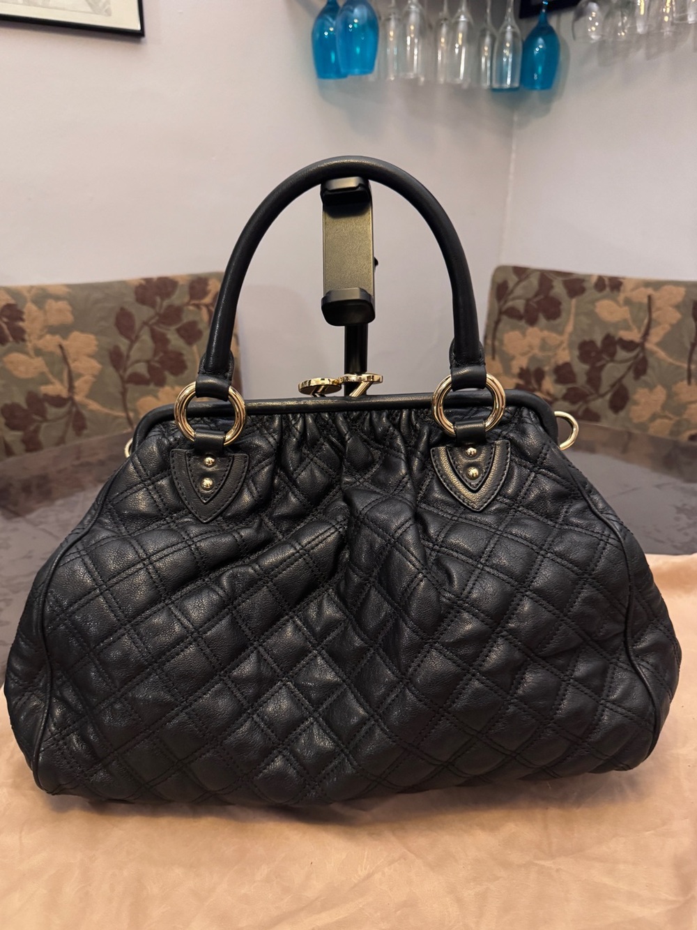Marc Jacobs Black Quilted Top Handle Satchel Kiss Lock Gold Hardware Charm